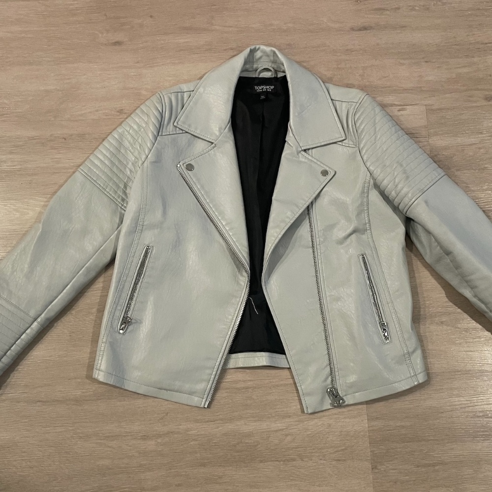 Topshop Light Gray Faux Leather Moto Jacket